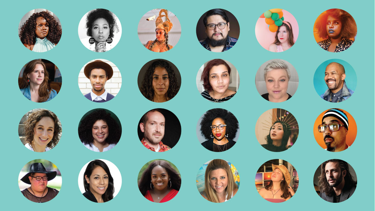 Grid of circles on a solid aqua background with 24 headshots of the featured presenters
